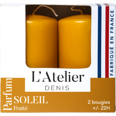 Deux bougies cylindriques Soleil Fruité/Notes hespéridées