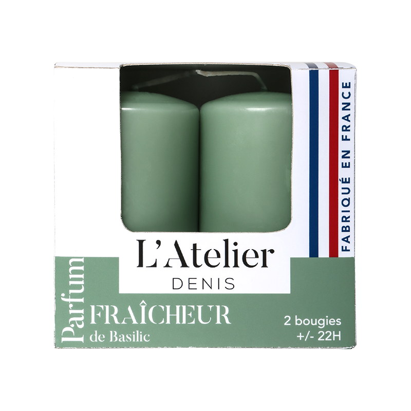 Deux bougies cylindriques Fraicheur de Basilic/Notes aromatiques