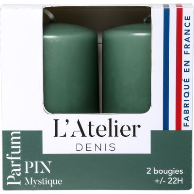 Deux bougies cylindriques Pin Mystique/Notes boisées