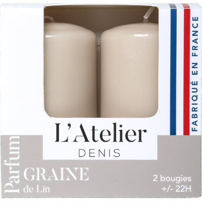 Deux bougies cylindriques Graines de Lin/Notes de Musc